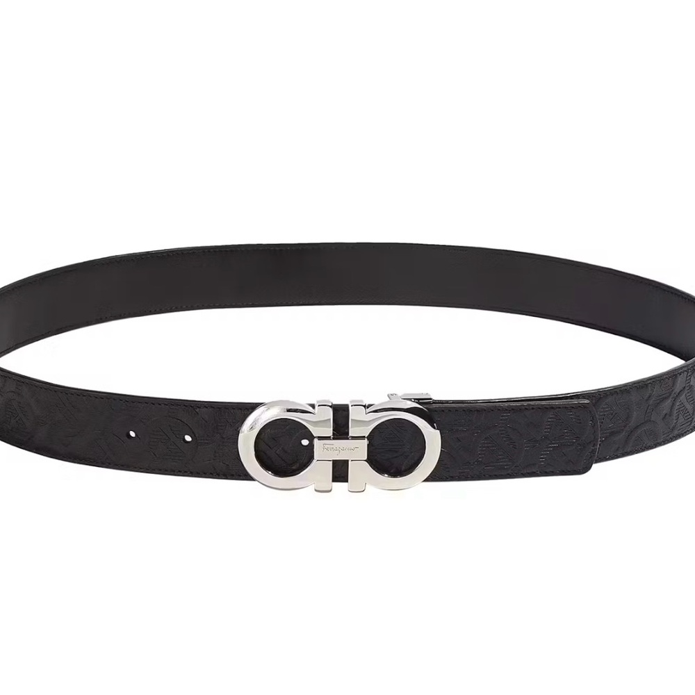 Salvatore Ferragamo Black Silver Embossed Reversible Leather Belt 🎁